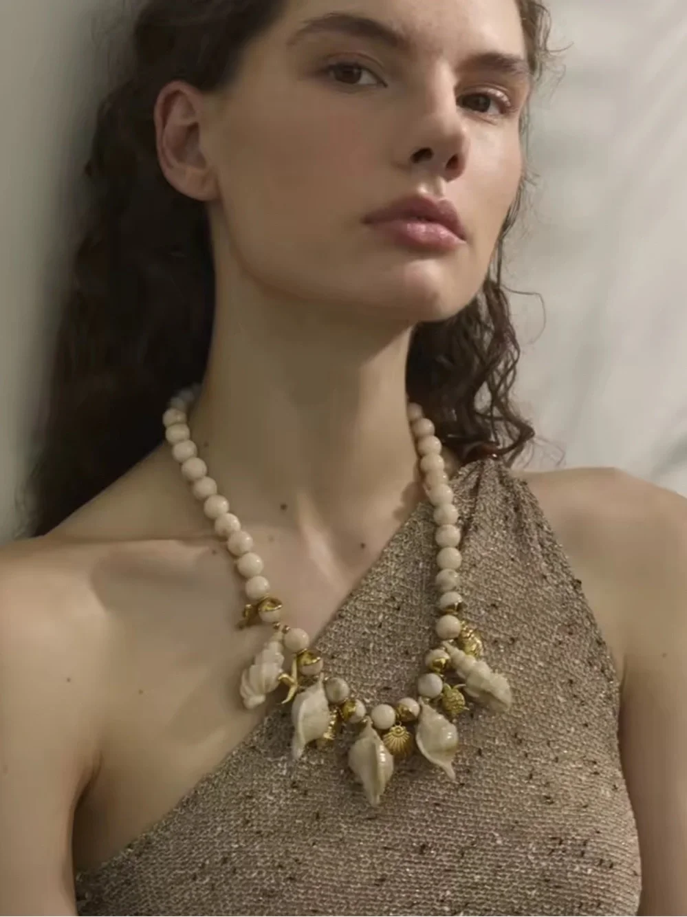 Couture Gold Cream Shell Charm Beaded Necklace - Picture 9 of 11